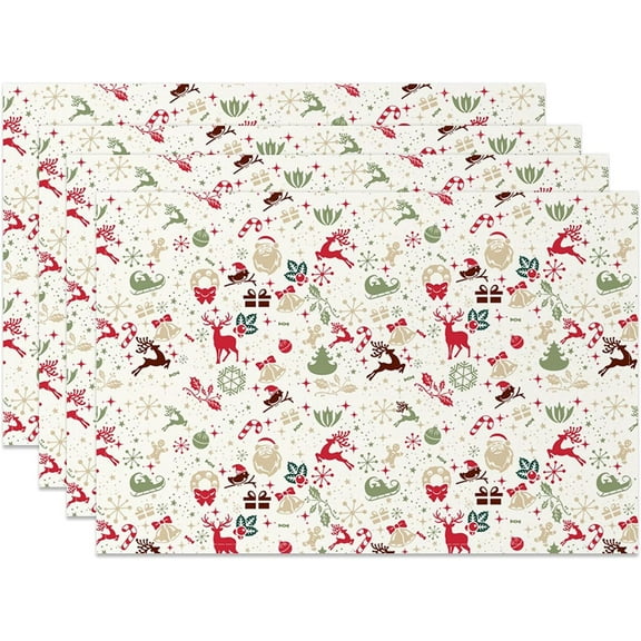 Christmas Place Mats Set of 6 Elk Christmas Tree Snowflake Gingerbread Man Bell Christmas Sled Decoration Table Mat Holiday Home Kitchen Table Mat Decoration 12x18 Inch