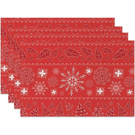 Christmas Place Mats Set of 6 Red Christmas Tree White Snowflake Leaves Striped Decoration Table Mat Holiday Home Kitchen Table Mat Decoration 12x18 Inch
