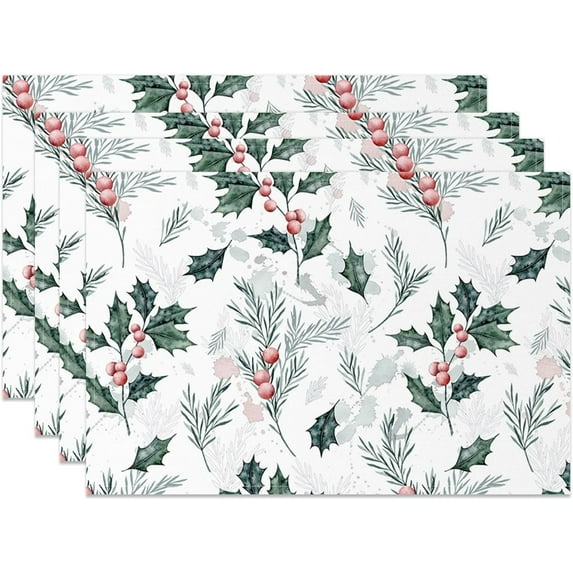 Christmas Place Mats Set of 6 Christmas Red Berry Green Leaf Decoration Table Mat Holiday Home Kitchen Table Mat Decoration 12x18 Inch