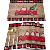 Christmas Placemat for Dinning,Red Black Buffalo Plaid Check Table Placemat Set of 6-Cotton Linen Waterproof Cloth Table Mat-Truck Xmas Tree Place Mat,Washable Easy Clean Fabric,Holiday Dinner Decor