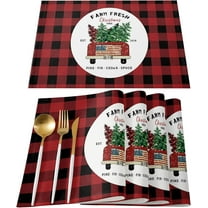 Christmas Placemat for Dinning,Red Black Buffalo Plaid Check Table Placemat Set of 6-Cotton Linen Waterproof Cloth Table Mat-Truck Xmas Tree Place Mat,Washable Easy Clean Fabric,Holiday Dinner Decor