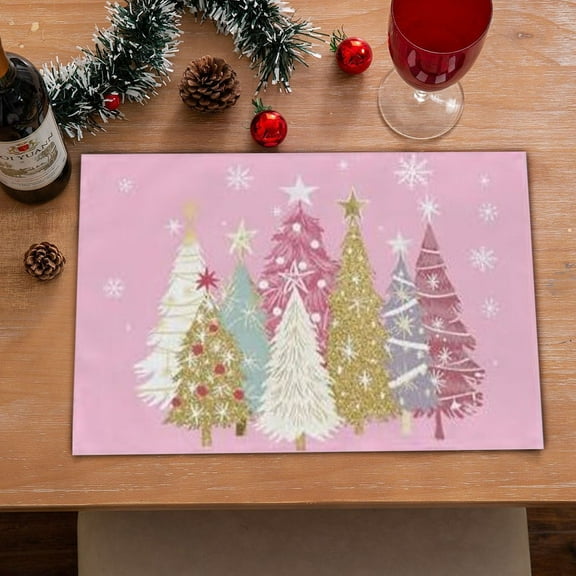 Christmas Placemats 11.81x17.72 Inch , Xmas Trees Snowflakes Winter Seasonal Holiday Farmhouse Kitchen Dining Table Decoration for Indoor Outdoor Dinner Party Décor (Pink)