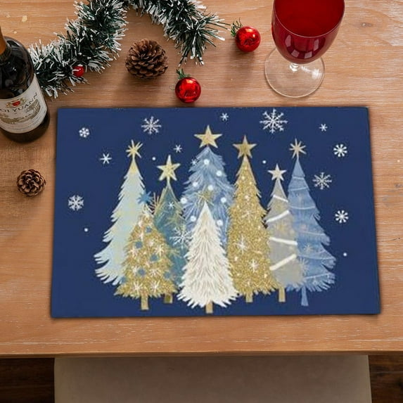 Christmas Placemats 11.81x17.72 Inch , Xmas Trees Snowflakes Winter Seasonal Holiday Farmhouse Kitchen Dining Table Decoration for Indoor Outdoor Dinner Party Décor (Blue)