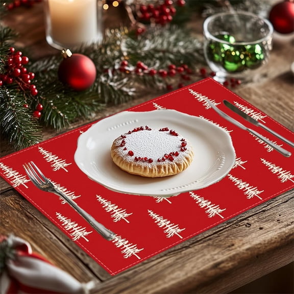 Christmas Placemats 12x18 Inches – Winter Pine Snowflake Holiday Table Mats, Heat Resistant Machine Washable Linen Look Dining Decor for Indoor Christmas Kitchen Party Home Use Clearance
