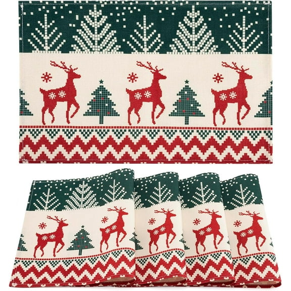 Christmas Placemats, 12x18inch Christmas Placemats Set of 4, Christmas Linen Table Mats Washable, Winter Xmas Holiday Plate Mats for Lndoor Kitchen and Dining Table (Pixel)