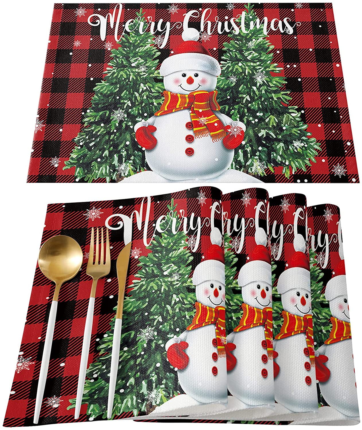 Christmas Placemats for Dining Table Set of 4 Snowman with Pine Tree