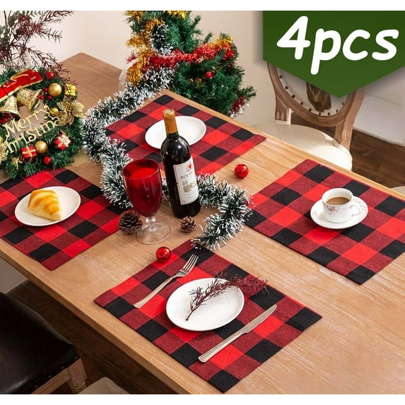 Christmas Placemats Farmhouse Red Black Buffalo Check Plaid Placemats for Holiday Table Home Decoration 11" x 17"4Pcs