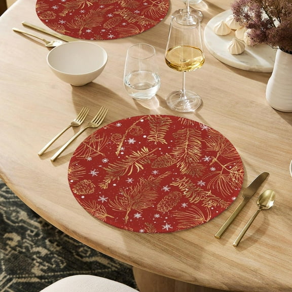 Christmas Placemats | Gold Pines | Holiday Dinner Table Decor | 4 Pack