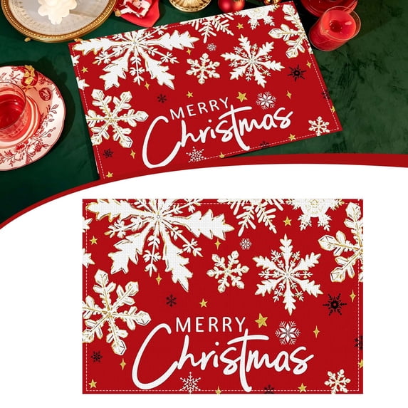Christmas Placemats, Linen Holiday Table Mats, Festive Christmas Style, Heat Resistant Dining Place Mats, Washable Cloth Placemats for Kitchen Table, Home and Kitchen, 40x30cm