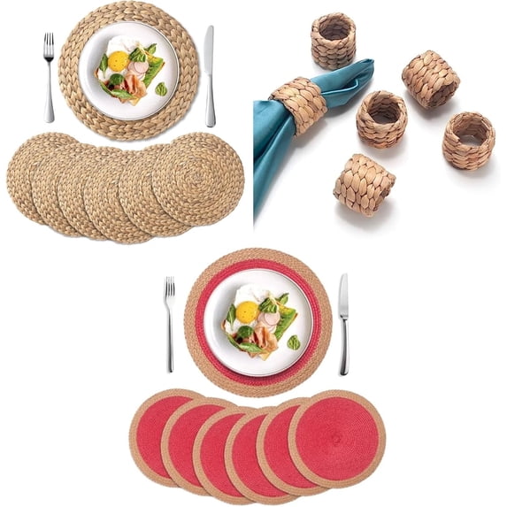 Christmas Placemats Red Set of 6,Water Hyacinth Placemats and Napkin Rings 6 packs
