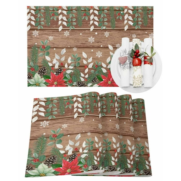 Christmas Placemats Set of 1 Poinsettia Snowflakes Board Pine Cone Pine Needle Heat Insulation Washable Place Mats, Rustic Non-Slip Table Mats for Dining Table Party Kitchen Decor,13x19 Inch