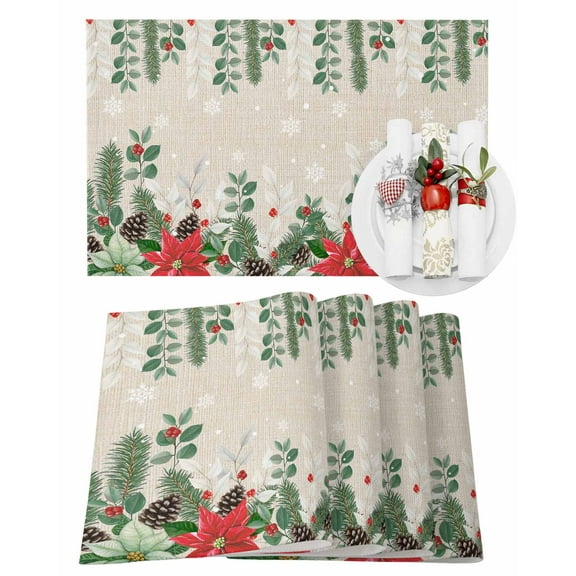 Christmas Placemats Set of 1 Poinsettia Snowflakes Linen Pine Cone Pine Needle Heat Insulation Washable Place Mats, Rustic Non-Slip Table Mats for Dining Table Party Kitchen Decor,13x19 Inch