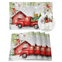 Christmas Placemats Set of 1 Red Truck Cardinal Bird Farmhouse Winter Heat Insulation Washable Place Mats, Rustic Non-Slip Table Mats for Dining Table Party Kitchen Decor,13x19 Inch