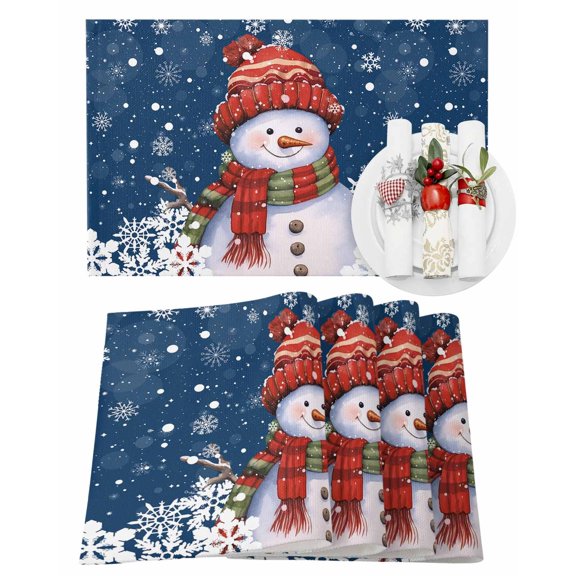 Christmas Placemats Set of 1 Snowman with Cap Xmas Snowflake Navy Blue Heat Insulation Washable Place Mats, Rustic Non-Slip Table Mats for Dining Table Party Kitchen Decor,13x19 Inch