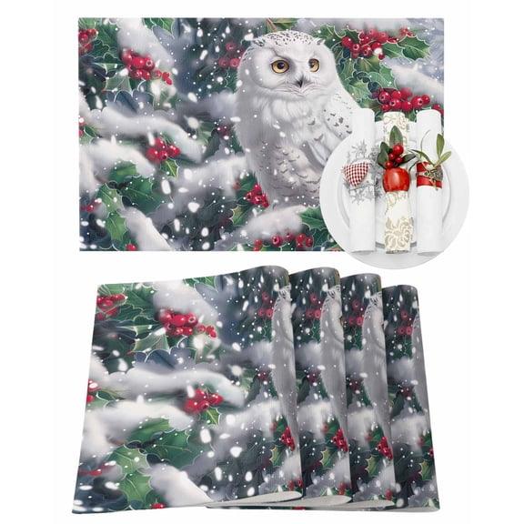 Christmas Placemats Set of 1 Winter Snow Owl Berries Evergreen Leaves Heat Insulation Washable Place Mats, Rustic Non-Slip Table Mats for Dining Table Party Kitchen Decor,13x19 Inch