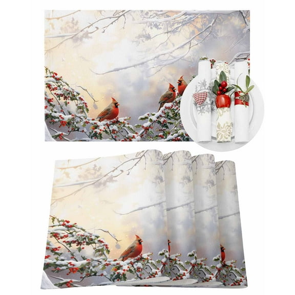 Christmas Placemats Set of 1 Winter Snowfall Forest Bough Cardinal Berries Heat Insulation Washable Place Mats, Rustic Non-Slip Table Mats for Dining Table Party Kitchen Decor,13x19 Inch