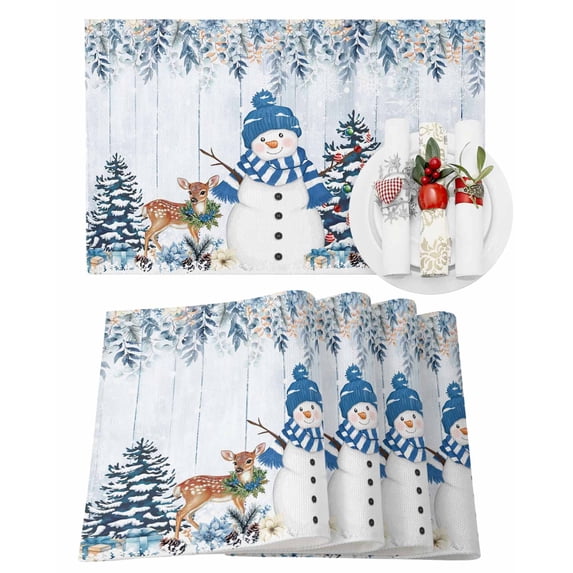 Christmas Placemats Set of 12 Blue Snowman Elk Floral Eucalyptus Leaf Board Heat Insulation Washable Place Mats, Rustic Non-Slip Table Mats for Dining Table Party Kitchen Decor,13x19 Inch