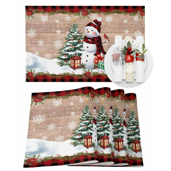 Christmas Placemats Set of 12 Xmas Snowman Pine Tree Snowflakes Wood Grain Plaid Heat Insulation Washable Place Mats, Rustic Non-Slip Table Mats for Dining Table Party Kitchen Decor,13x19 Inch