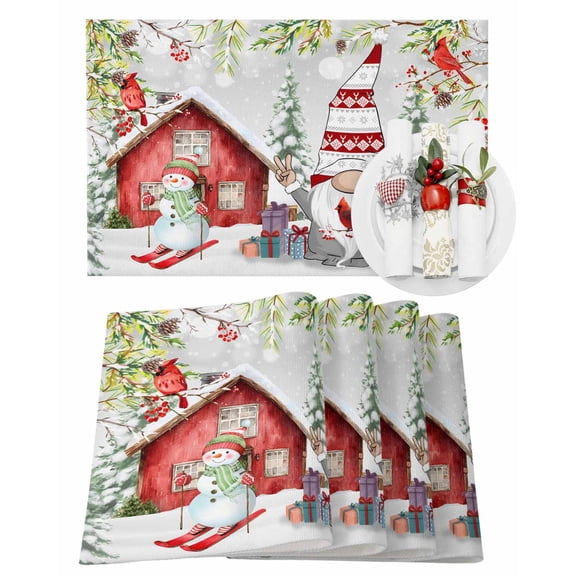 Christmas Placemats Set of 2 Dwarf Snowmen Cardinal Bird Farmhouse Heat Insulation Washable Place Mats, Rustic Non-Slip Table Mats for Dining Table Party Kitchen Decor,13x19 Inch
