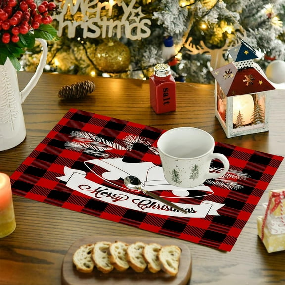 Christmas Placemats Set of 2, Linen Feel Heat Resistant Table Mats for Holiday Dining, Western Style Washable Kitchen Table Decor for Christmas Party(A)