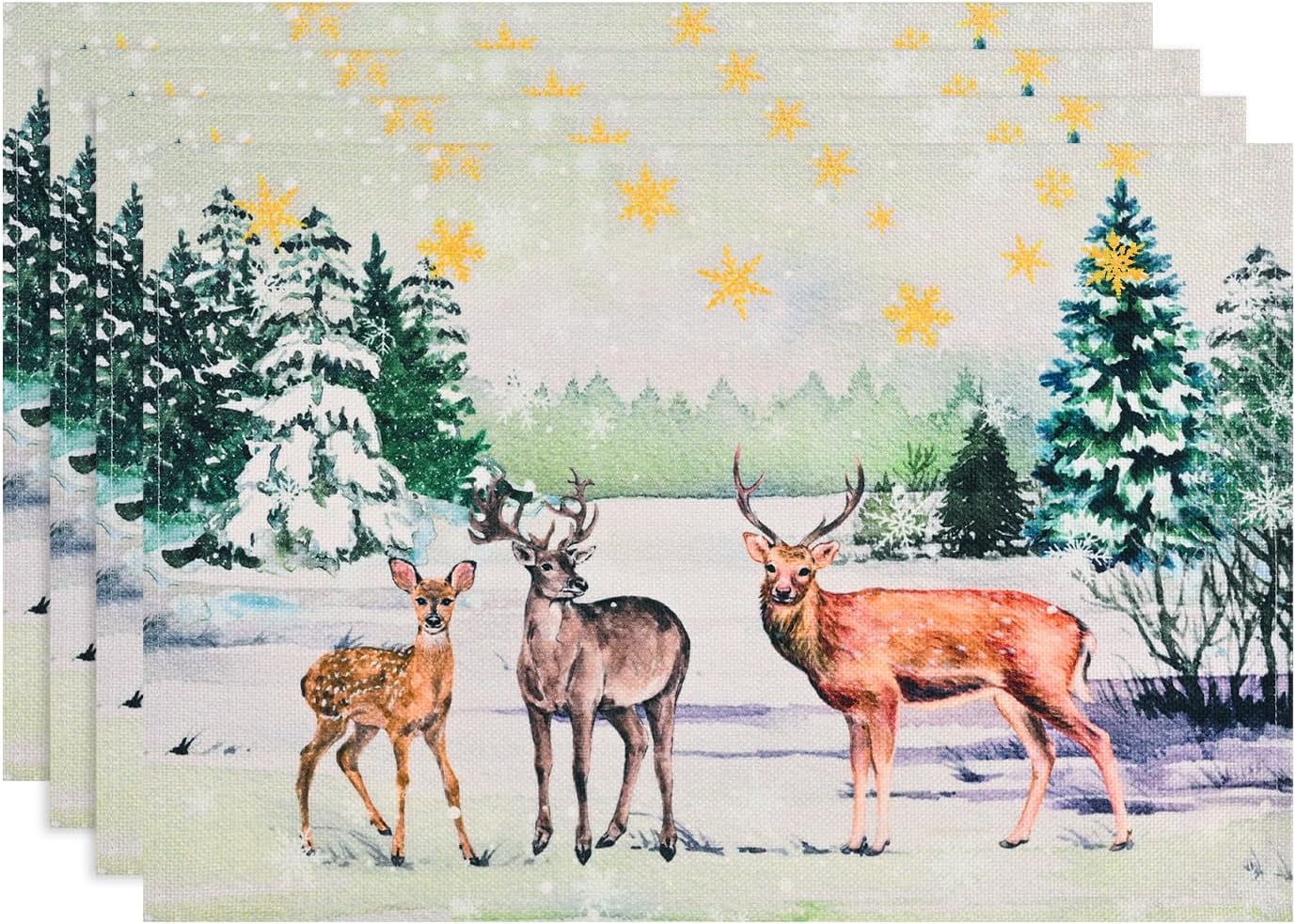 Christmas Placemats Set of 4, 12 × 18 Inch Watercolor Deer Trees