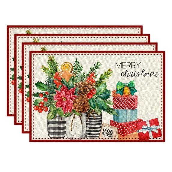 Christmas Placemats Set of 4, 12x 18 Inch Holiday Winter Farmhouse Rustic Place Mats Christmas Linen Dining Table Mats for Christmas Party Kitchen Dining Decoration