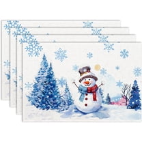 Christmas Placemats Set of 4, 12x18 Inch Blue Winter Xmas Pine Tree Snowman Snowflakes Farmhouse Seasonal Heat Resistant Table Mats for Dining Kitchen Birthday Party Holiday Decor