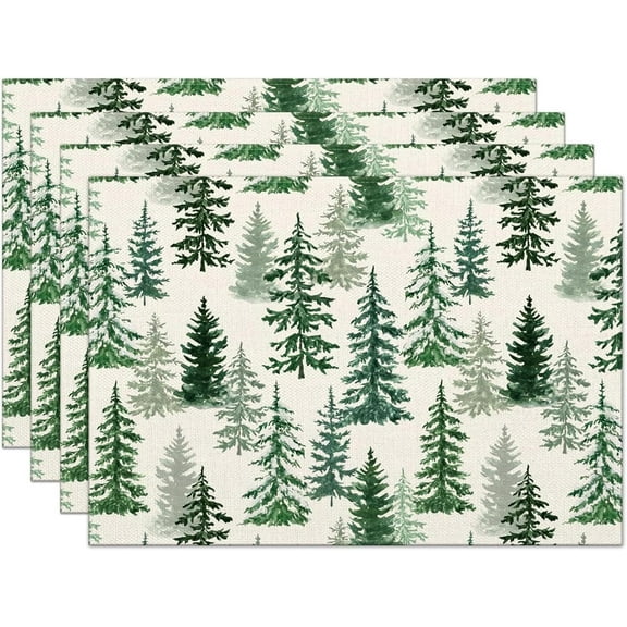 Christmas Placemats Set of 4, 12x18 Inch Green Merry Christmas Pine Trees Heat-Resistant Place Mats, Seasonal Winter Table Decors for Farmhouse Kitchen Dining Xmas Holiday Party