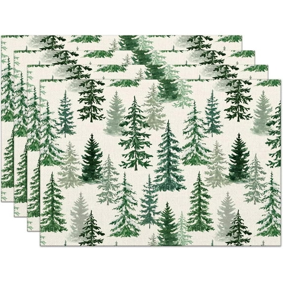 Christmas Placemats Set of 4, 12x18 Inch Green Merry Christmas Pine Trees Heat-Resistant Place Mats, Seasonal Winter Table Decors for Farmhouse Kitchen Dining Xmas Holiday Party