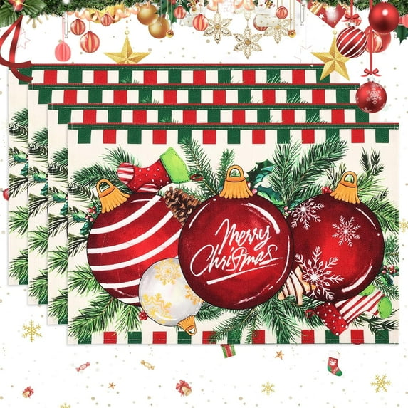 Christmas Placemats Set of 4, 12x18 Inch Red and Green Buffalo Check Plaid with Christmas Ball Ornaments, Christmas Table Mats for Holiday Winter Xmas Kitchen Dining Table Decor