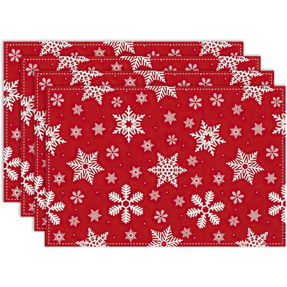 Christmas Placemats Set of 4, 12x18 Inch Red Winter Xmas Snowflakes Farmhouse Seasonal Heat Resistant Table Mats for Dining Kitchen Birthday Party Holiday Decor
