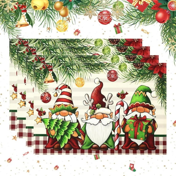 Christmas Placemats Set of 4, 12x18 inch Merry Christmas Gnome Table Mats with Christmas Balls, Buffalo Plaid Winter Holiday Christmas Placemats for Kitchen Farmhouse Party Banquets Decoration