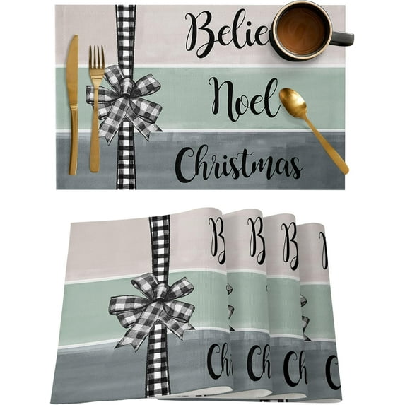 Christmas Placemats Set of 4, Black and White Buffalo Plaid Placemat for Dining Table Decorations, Cotton Linen Belive Christmas Place Mats, Xmas Table Mats for Kitchen Dinner Holiday Party Decor Gift