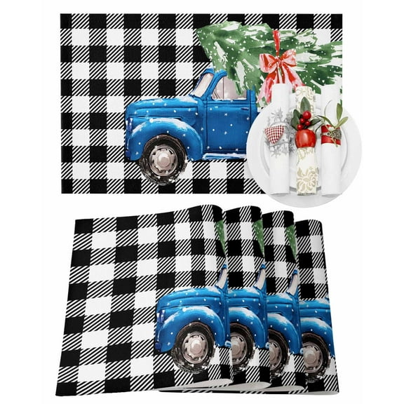 Christmas Placemats Set of 4, Blue Truck Xmas Tree Place Mats Snowy Black Buffalo Plaid Placemat Table Decoration for Kitchen Table Dinner Xmas Holiday Party Home Decor Indoor Outdoor 13x19 Inch