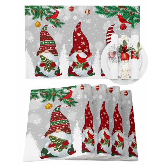 Christmas Placemats Set of 4, Cardinal Bird Gnomes Place Mats Bell Xmas Balls Snowflake Grey Placemat Table Decoration for Kitchen Table Dinner Xmas Holiday Party Decor Indoor Outdoor 13x19 Inch