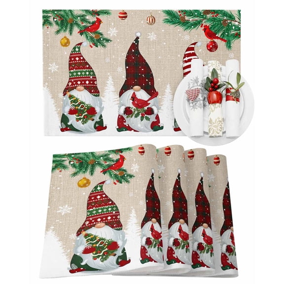 Christmas Placemats Set of 4, Cardinal Bird Gnomes Place Mats Bell Xmas Balls Snowflake Linen Placemat Table Decoration for Kitchen Table Dinner Xmas Holiday Party Decor Indoor Outdoor 13x19 Inch