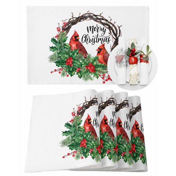 Christmas Placemats Set of 4, Cardinal Bird Place Mats Berry Holly Wreath Merry Christmas Placemat Table Decoration for Kitchen Table Dinner Xmas Holiday Party Home Decor Indoor Outdoor 13x19 Inch