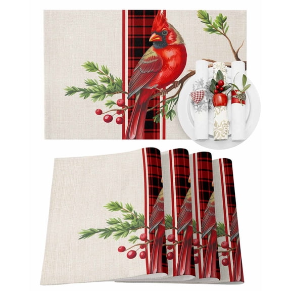 Christmas Placemats Set of 4, Cardinal Bird Place Mats Berry Pine Branch Red Buffalo Plaid Stripe Placemat Table Decoration for Kitchen Table Dinner Xmas Party Decor Indoor Outdoor 13x19 Inch