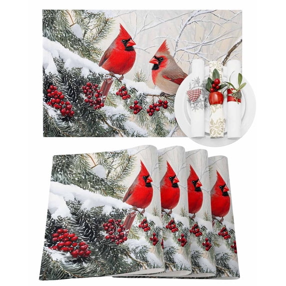 Christmas Placemats Set of 4, Cardinal Bird Place Mats Berry Snowflake Pine Branch Placemat Table Decoration for Kitchen Table Dinner Xmas Holiday Party Home Decor Indoor Outdoor 13x19 Inch
