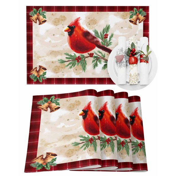 Christmas Placemats Set of 4, Cardinal Bird Place Mats Holly Berry Snowy Christmas Bells Placemat Table Decoration for Kitchen Table Dinner Xmas Holiday Party Home Decor Indoor Outdoor 13x19 Inch