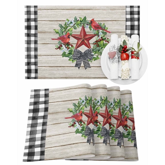 Christmas Placemats Set of 4, Cardinal Bird Place Mats Western Stars Holly Berry Wreath Black Plaid Wood Placemat Table Decoration for Kitchen Table Dinner Xmas Party Decor Indoor Outdoor 13x19 Inch