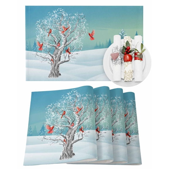Christmas Placemats Set of 4, Cardinal Bird Place Mats Xmas Tree Winter Snow Placemat Table Decoration for Kitchen Table Dinner Xmas Holiday Party Home Decor Indoor Outdoor 13x19 Inch