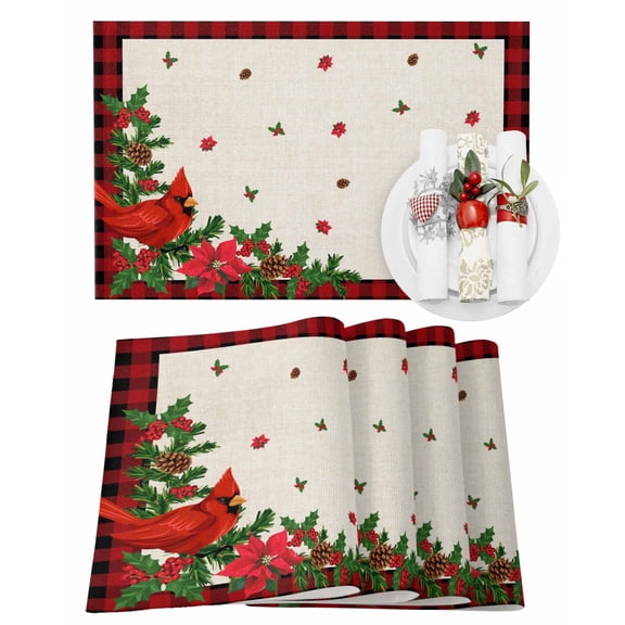 Christmas Placemats Set of 4, Cardinal Bird Poinsettia Place Mats Berry Holly Pine Cones Red Plaid Placemat Table Decoration for Kitchen Table Dinner Xmas Party Decor Indoor Outdoor 13x19 Inch