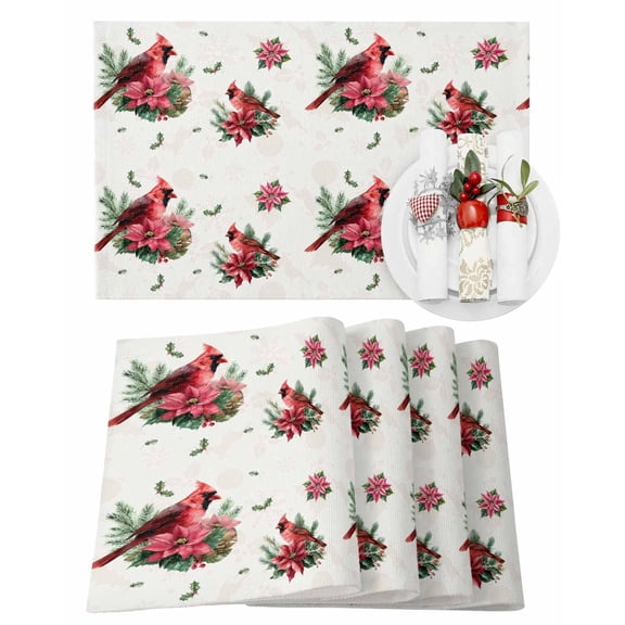 Christmas Placemats Set of 4, Cardinal Bird Poinsettia Place Mats Holly Leaves Berry Placemat Table Decoration for Kitchen Table Dinner Xmas Holiday Party Home Decor Indoor Outdoor 13x19 Inch