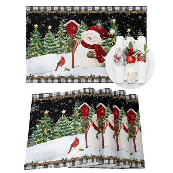 Christmas Placemats Set of 4, Cardinal Bird Snowman Place Mats Star Xmas Tree Snowflake Black Plaid Placemat Table Decoration for Kitchen Table Dinner Xmas Party Decor Indoor Outdoor 13x19 Inch