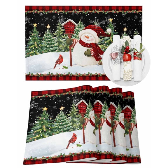 Christmas Placemats Set of 4, Cardinal Bird Snowman Place Mats Star Xmas Tree Snowflake Black Red Plaid Placemat Table Decoration for Kitchen Table Dinner Xmas Party Decor Indoor Outdoor 13x19 Inch