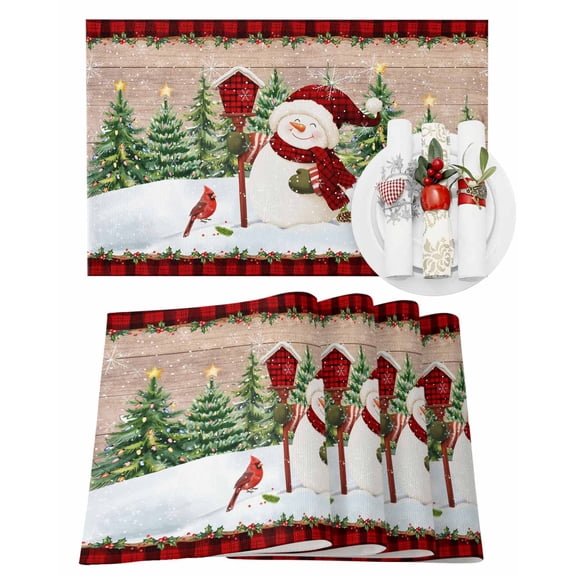 Christmas Placemats Set of 4, Cardinal Bird Snowman Place Mats Star Xmas Tree Snowflake Plaid Wood Placemat Table Decoration for Kitchen Table Dinner Xmas Party Decor Indoor Outdoor 13x19 Inch