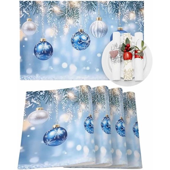 Christmas Placemats Set of 4 Christmas Balls Blue Christmas Placemats for Dining Table Pine Tree Branches Table Mat Winter Holiday Home Party Kitchen Table Decorations