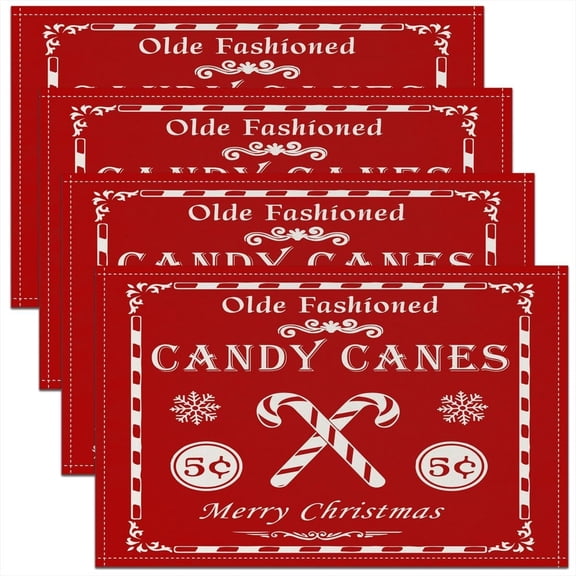 Christmas Placemats Set of 4 Christmas Quote Placemats for Dining Table Indoor Outdoor Kitchen 12"x18" Candy Canes Print Table Mats Placemat Kitchen Dining Table Decor Xmas Red Decor Table Place Mats
