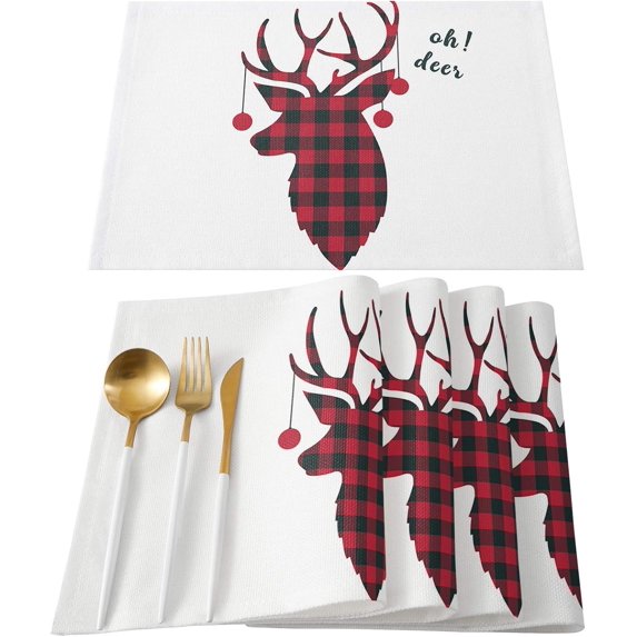 Christmas Placemats Set of 4, Christmas Reindeer Placemat for Dining Table Decorations, Cotton Linen Oh Deer Red Black Buffalo Plaid Place Mats, Xmas Table Mats for Kitchen Dinner Holiday Party Decor
